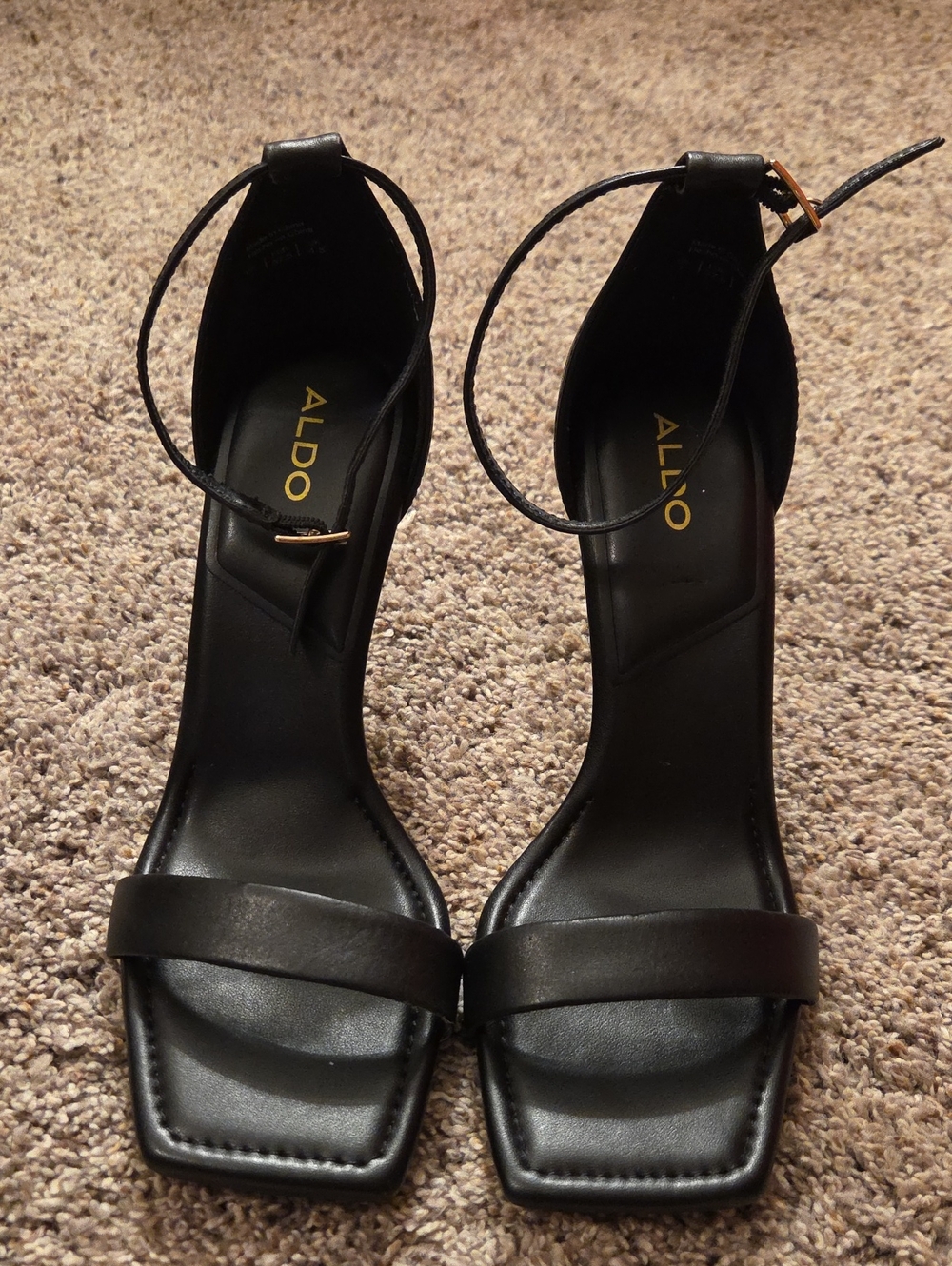 Aldo Black Square-Toe Ankle-Strap With Gold Heel Accent Size 7
